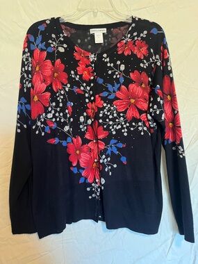 Cathy Daniels Dark Floral Cardigan with Red Floral & Blue Leaf Accents